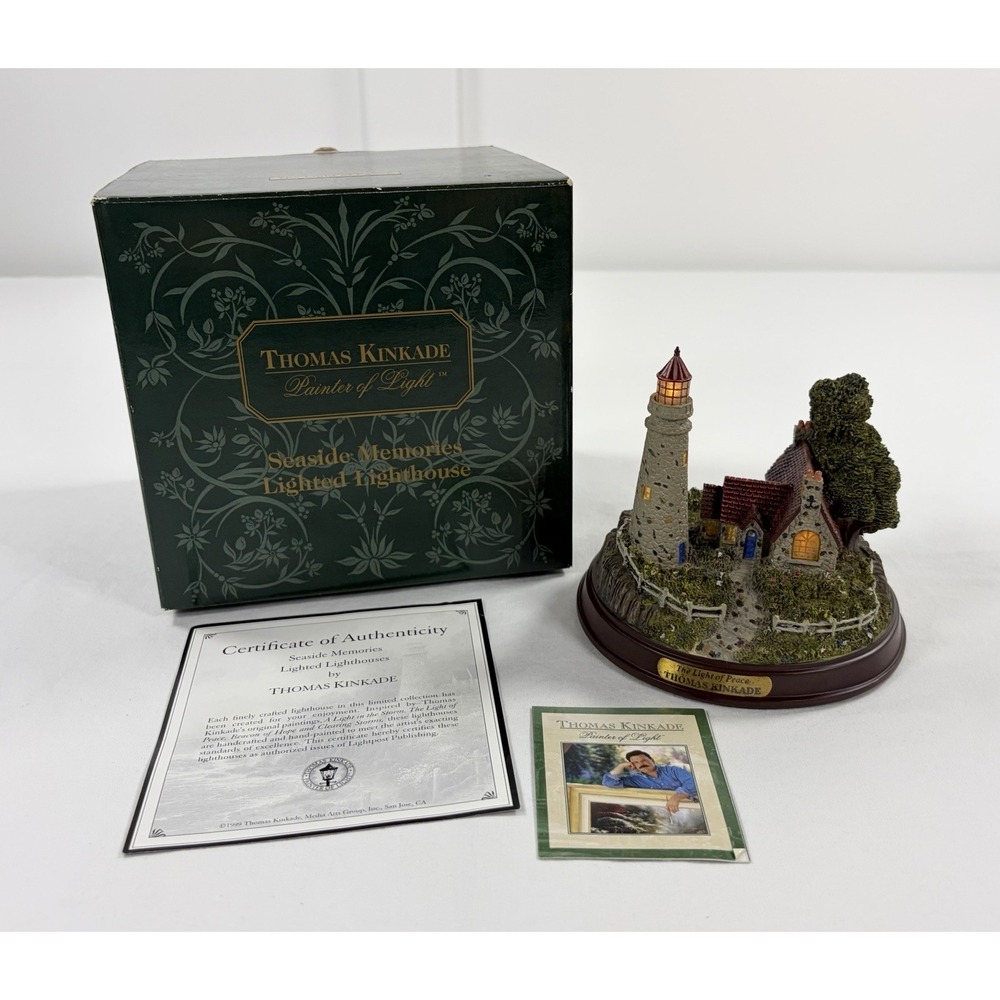 1999‎ Thomas Kinkade Seaside Memories Lighted Lighthouse The Light Of Peace COA